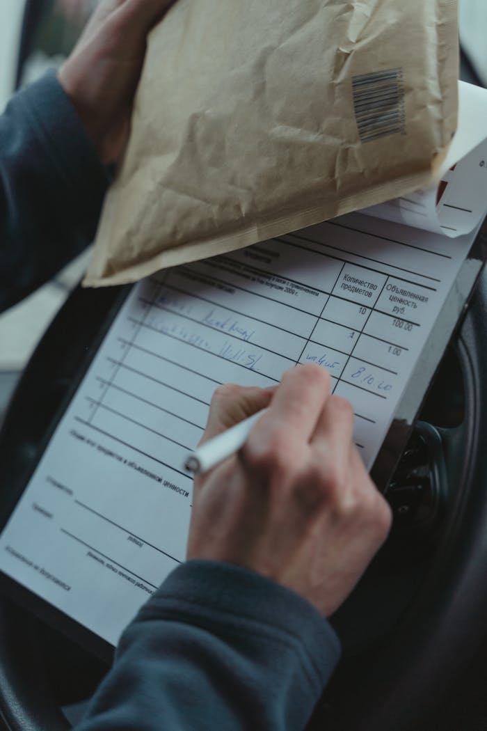 services-img Close-up of a courier signing a package delivery form on a clipboard inside a vehicle.